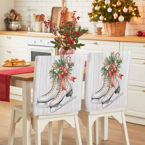 Christmas Ice Shoes Chair Covers Set of 4 Berry Pine Needles Red Ribbon Wood Striped Chair Back Covers Stretch Removable Washable Slipcovers Protector for Dining Room Kitchen Party Decor