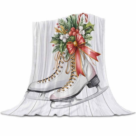 Christmas Ice Shoes Flannel Blanket for Bed,Travel and Camping, Berry Pine Needles Red Ribbon Wood Striped Super Soft Cozy Blanket for All Seasons 30"x40"