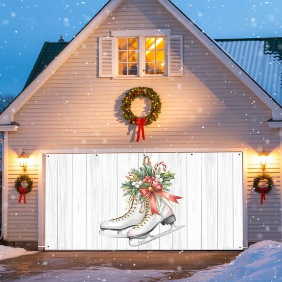 Christmas Ice Shoes Garage Door Banner Covers, Berry Pine Needles Red Ribbon Wood Striped Large Hanging Indoor/Outdoor Backdrop Background for Christmas Winter Party Decor, 6x13 FT