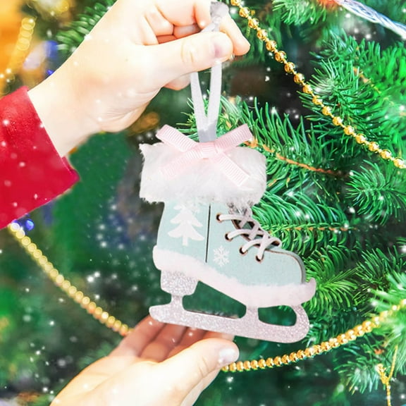 Christmas Ice Skates Shoes Hanging Ornament, Knitted Plush Skating Shoes Pendant Christmas Wooden Bow Velvet Skates Tree Ornaments for Christmas Tree Decoration