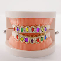 Christmas Iced Out Teeth Grillz Set for Men & Women, Copper Top & Bottom Grills with Multi-Color Zirconia, Silver & Gold Tone Hip Hop Party Jewelry