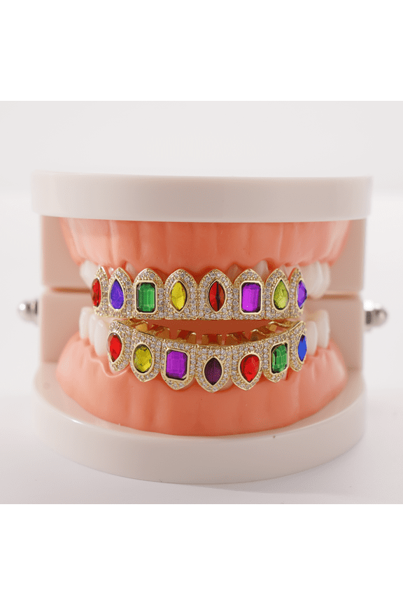 Christmas Iced Out Teeth Grillz Set for Men & Women, Copper Top & Bottom Grills with Multi-Color Zirconia, Silver & Gold Tone Hip Hop Party Jewelry