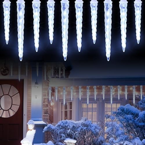 Christmas Icicle Light 61 Led in & Out,Connectable10.5 Feet Length Meteor Shower Lights with Cool White10 Ice Tube Broadway Lights Effect for Tree Patio, Roof Holiday Decoration
