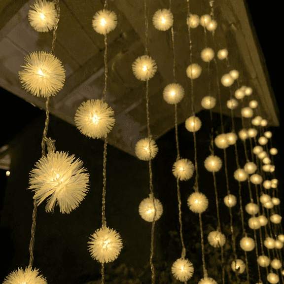 Christmas Icicle Lights  Curtain Fairy Lights Fuzzy Balls String Lights 9.8 Feet 12 Drops with 300 LED, 8 Modes, Warm White
