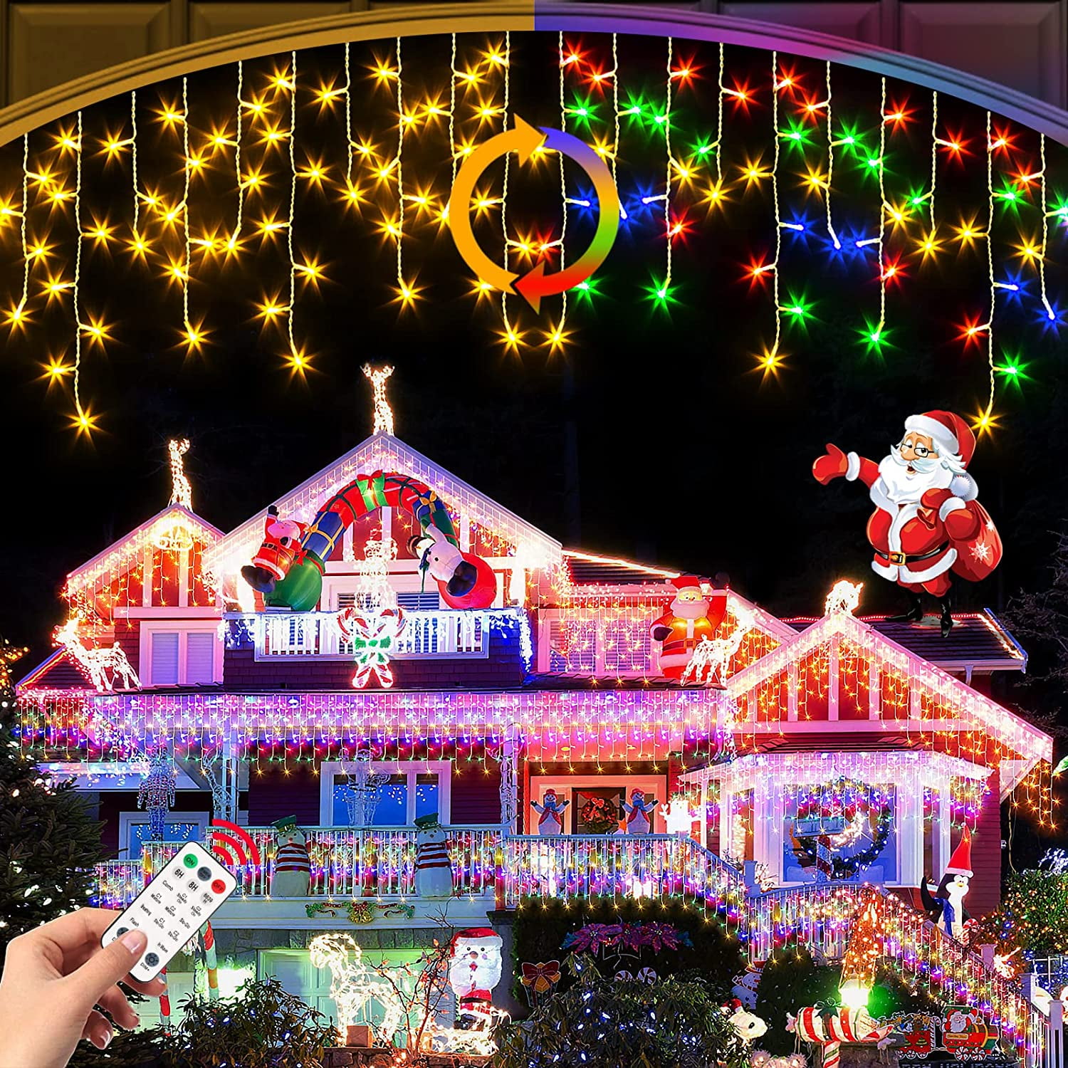 Christmas Icicle Lights Warm White to Multicolor 11 Modes 400LED 33FT