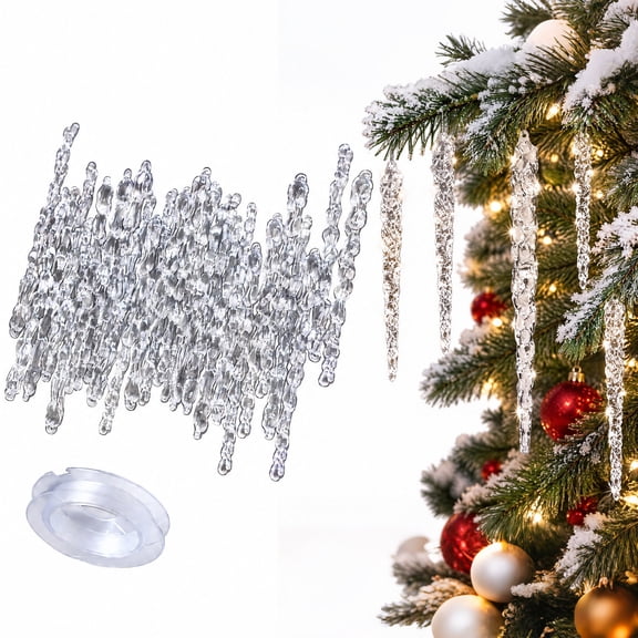 Christmas Icicle Ornaments for Christmas Tree 25pk , Hanging Acrylic Crystal Ornaments, 5.1" Clear Plastic Icicles for Xmas Tree. DIY Flower Filler for Xmas Party Decor