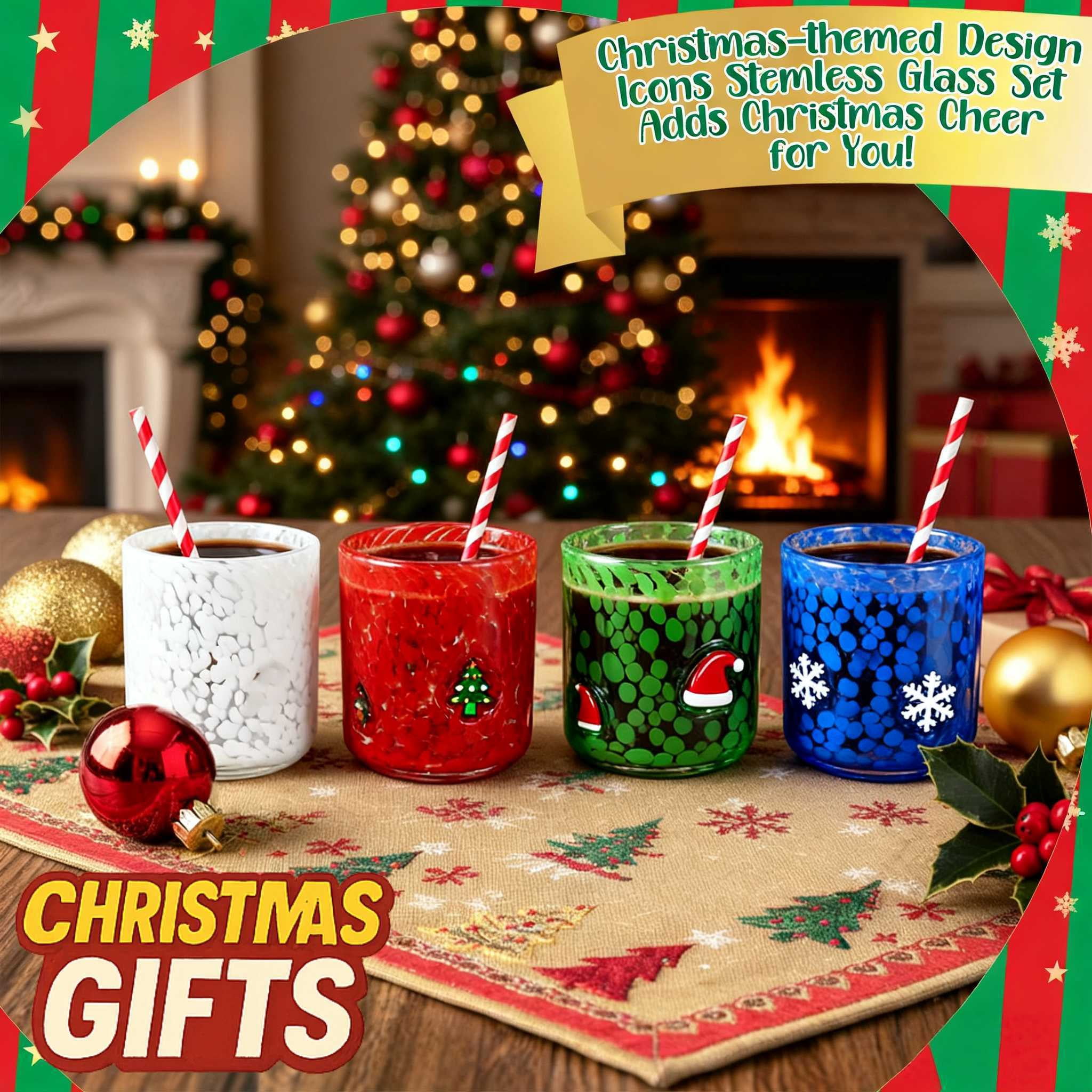 Christmas Icon Juice Glasses, 14oz Christmas Tree Icon Stemless Wine ...