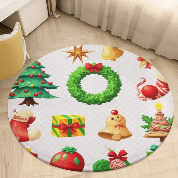 Christmas Icons Set Round Area Rugs for Bedroom Living Room, 5FT Soft Indoor Circle Carpets, Carpet Home Decor Floor Mat