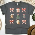 thumbnail image 1 of Christmas Icons Shirt | Holiday Gingerbread Tree Bow Graphic Tee, Dark Heather, Size 3XL, 1 of 6