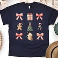 thumbnail image 1 of Christmas Icons Shirt | Holiday Gingerbread Tree Bow Graphic Tee, Navy, Size 3XL, 1 of 6