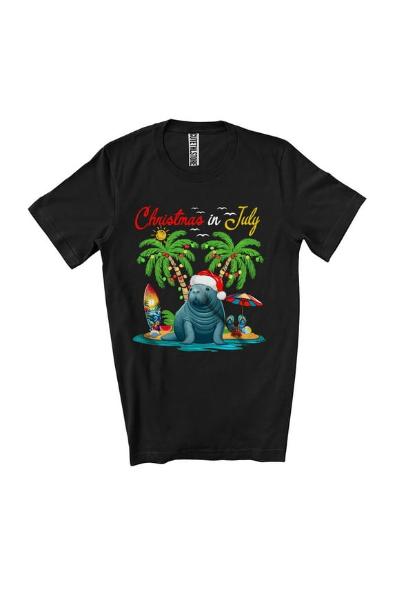 Christmas In July; Adorable Summer Vacation Santa Manatee On Beach; Sea Animal Lover Unisex T-Shirt