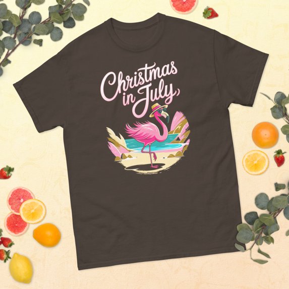 Christmas In July Flamingo Santa Summer Hawaiian Christmas Graphic classic tee (Dark Chocolate, 3XL)