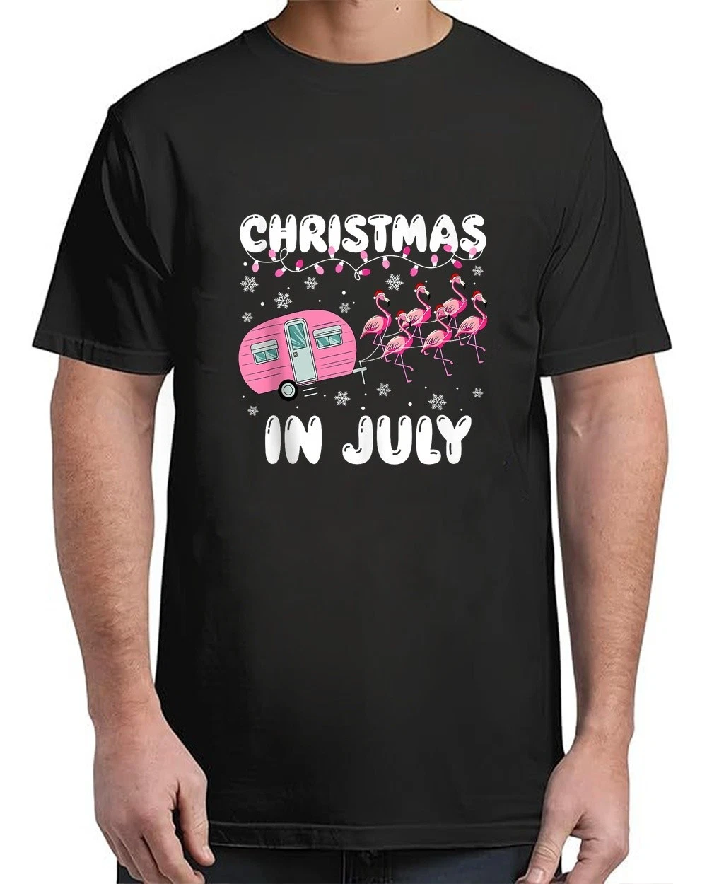Christmas In July Flamingo Trailer Funny Xmas Summer Camp Adult S-4XL T ...