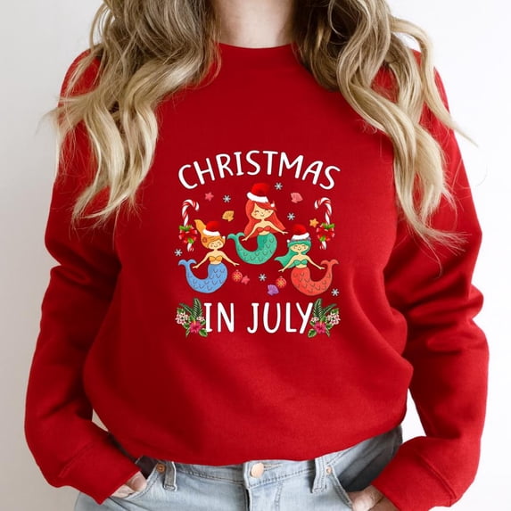 Christmas In July Funny Cute St. Nick Mermaid Summer Beach Holiday Graphic SW15362 Unisex Sweatshirt, Up to Size 5XL
