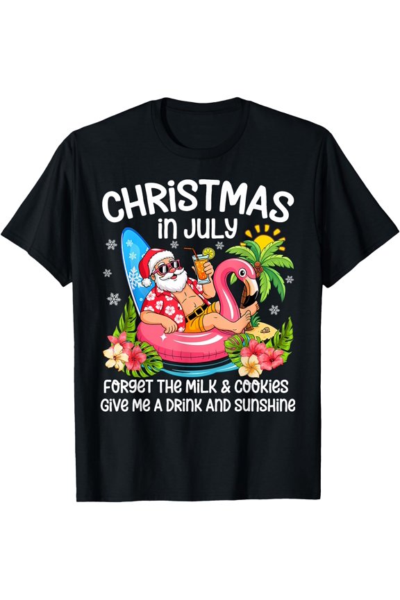 Christmas In July Funny Santa Flamingo Summer Xmas Beach T-Shirt, Birthday Gift