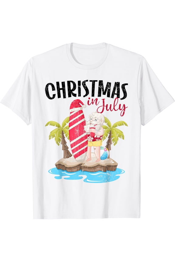 Christmas In July Funny Santa Summer Vacation Graphic T-Shirt, Birthday Gift