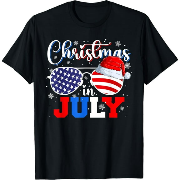 Christmas In July Santa Hat Sunglasses USA Flag 4th of July T-Shirt TShirt