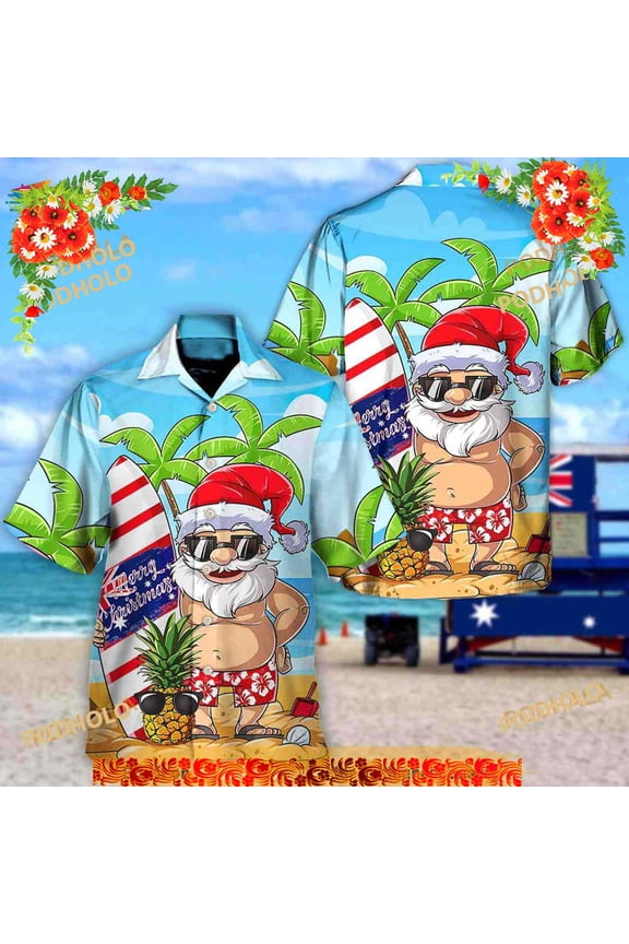 Christmas In July Santa Lets Surf Summer Vibe Funny Hawaiian Shirt