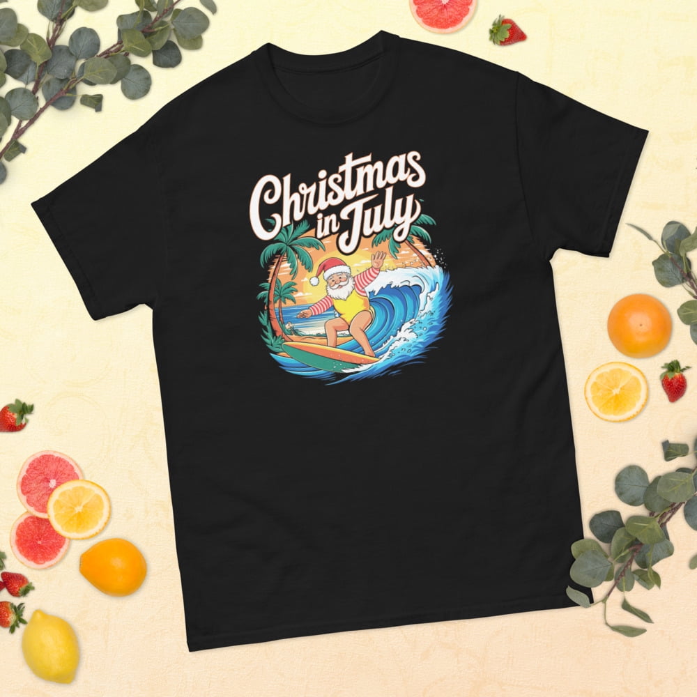 Christmas In July Santa Surfing Summer Hawaiian Christmas Graphic classic tee (Black, 2XL)