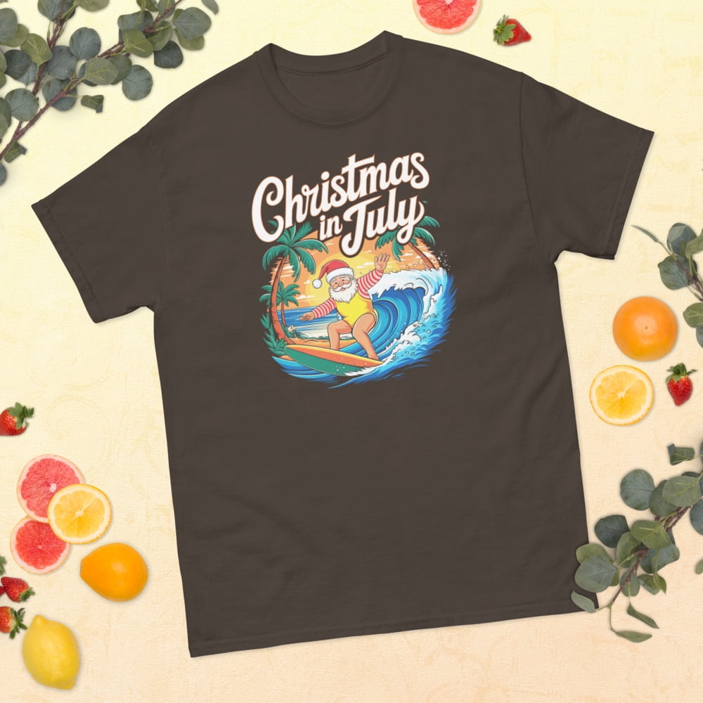 Christmas In July Santa Surfing Summer Hawaiian Christmas Graphic classic tee (Dark Chocolate, L)
