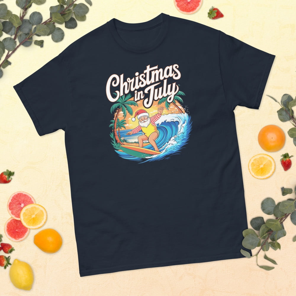 Christmas In July Santa Surfing Summer Hawaiian Christmas Graphic classic tee (Navy, S)