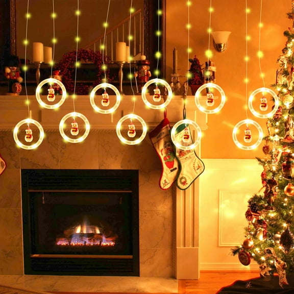 Christmas Indoor Curtain String Lights Decoration, 9.8FT*2.3FT Plug in Christmas Window Ring Lights with Ornament Toys for Bedroom Wedding Party Wall, Warm White