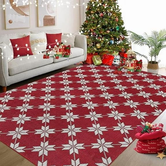 Christmas Indoor Doormat, Durable Xmas Welcome Mat 8'x10' Non Slip Entrance Rug with Rubber Backing, Machine Washable Winter Holiday Entryway Front Large Floor mat Red Small Carpet