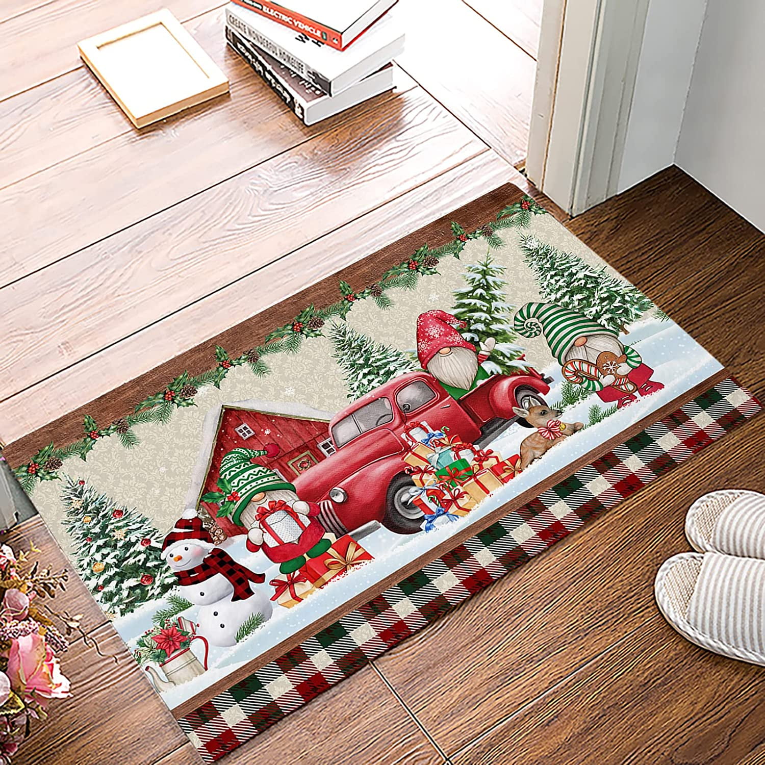 Christmas Indoor Doormat Entryway Rugs, Christmas Gnome Truck Snowman