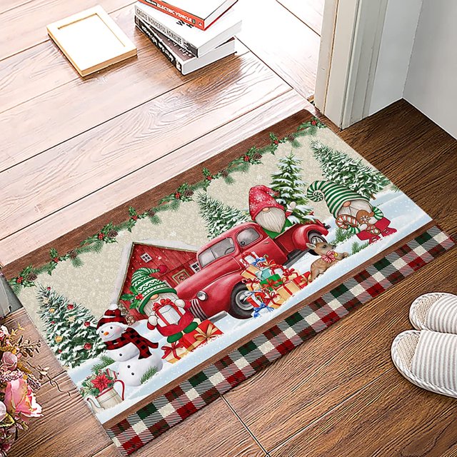 Christmas Indoor Doormat Entryway Rugs, Christmas Gnome Truck Snowman