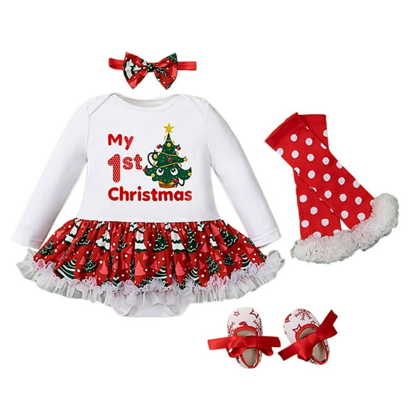 Christmas Toddler Girls Printed Long Sleeve Romper Skirt with Headband Shoes Leg Sleeves 4 Piece Children's Suit