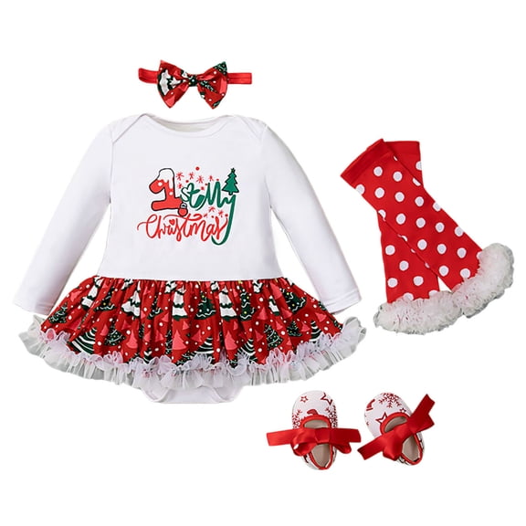 Christmas Toddler Girls Printed Long Sleeve Romper Skirt with Headband Shoes Leg Sleeves 4 Piece Children's Suit