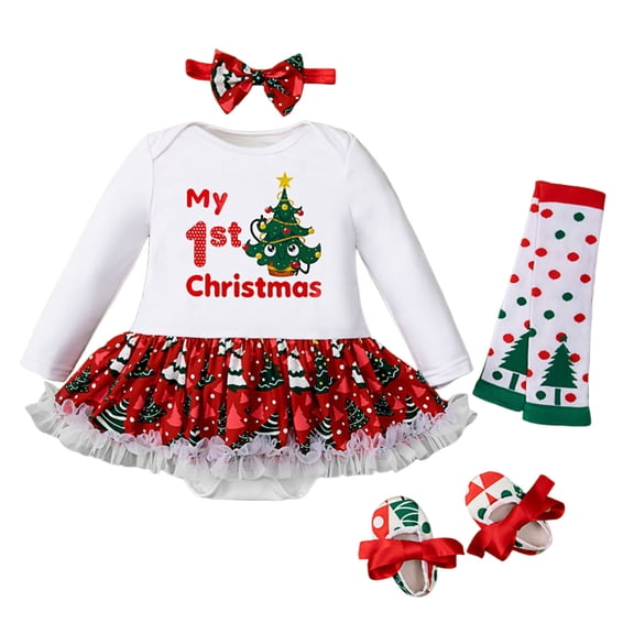 Christmas Toddler Girls Printed Long Sleeve Romper Skirt with Headband Shoes Leg Sleeves 4 Piece Children's Suit