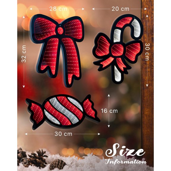 Christmas Infinity Lights, 14'' led Christmas Decorations Lights 3 Pack Bow,Candy Cane, Party &Tree Door Glass Decoror$$Garden & Patio