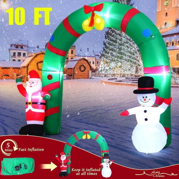 10 FT Christmas Inflatable Archway with Santa and Snowman, LED-Lit Holiday Decor, Waterproof Polyester,Ideal for Outdoor, Lawn, Garden, Yard, Party Holiday Decorations