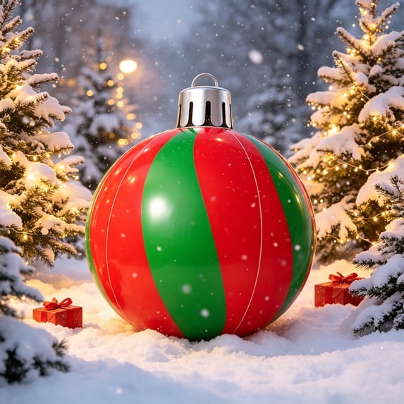 Christmas Inflatable Red Green Stripe Ornament Ball, Holiday Decoration for Yard Lawn Porch Garden Indoor Xmas Party