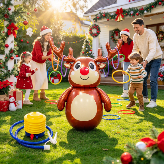 Christmas Inflatable Reindeer Ring Toss, Thickened PVC Roly Poly Game Set, Complete Kit with Air Pump and Throwing Rings, for Holiday Family Party Backyard Fun