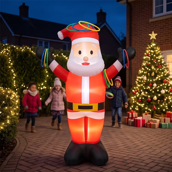 Christmas Inflatable Ring Toss Game, Santa Yard Decoration with LED Lights and Remote, Self-Righting Tumbler Base, Family Party Game for Indoor Outdoor Holiday Lawn Porch Display