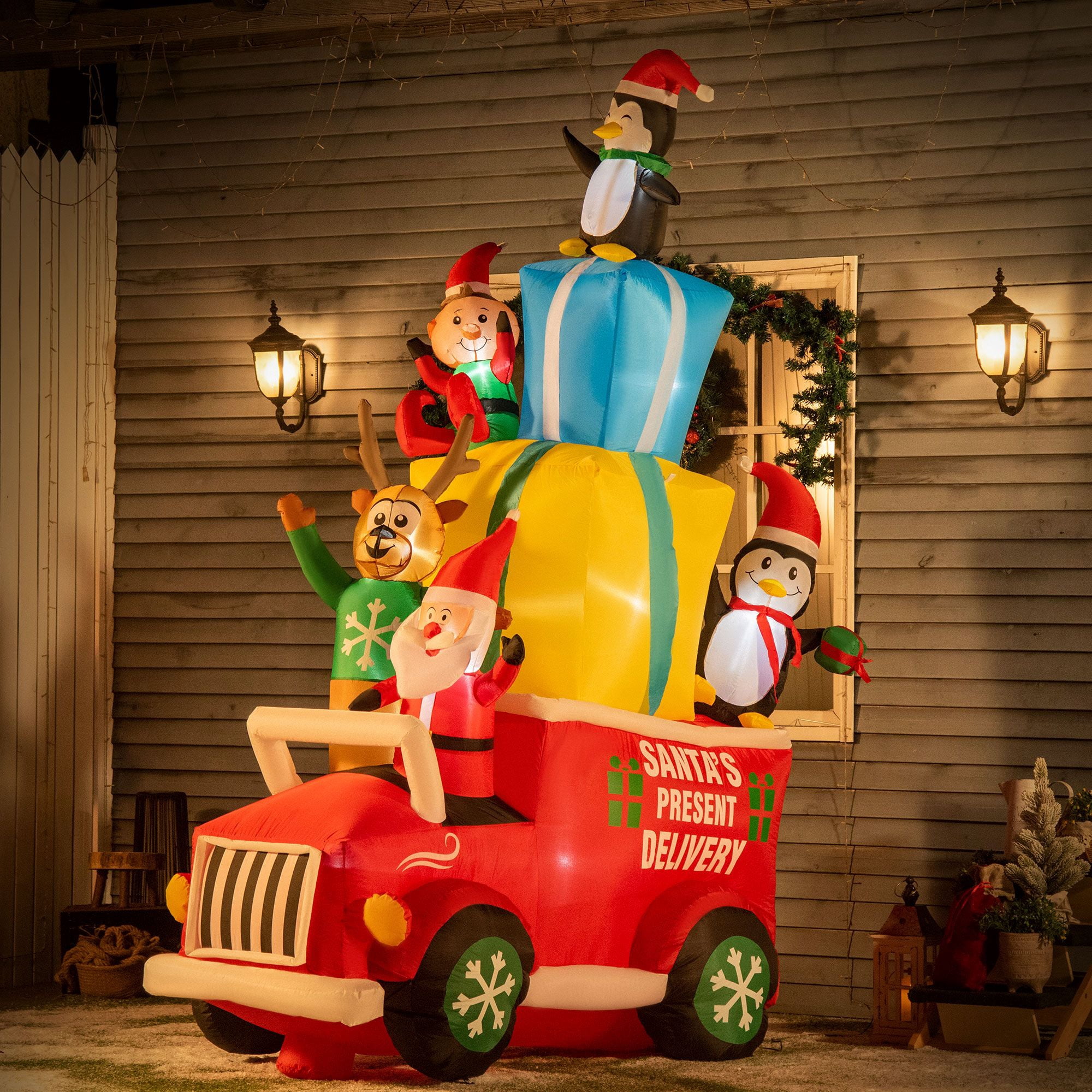 Christmas Inflatable Santa Claus Driving Gift Car with Elk, Elf and Two Penguins, 9 ft Blow-Up LED Yard Decoration for Garden and Lawn