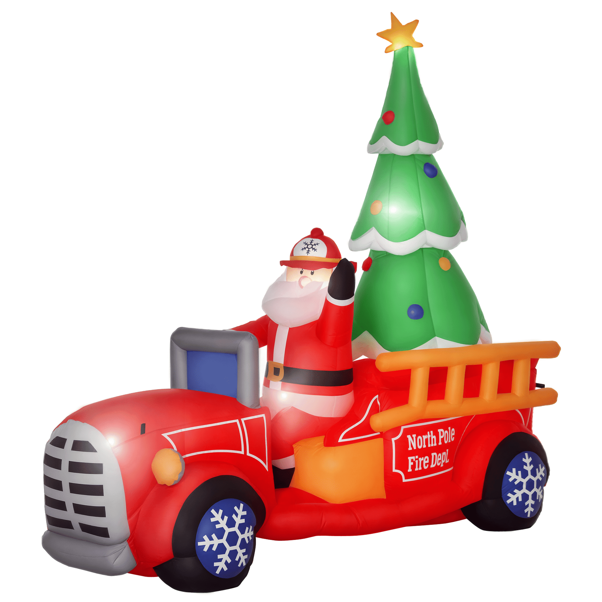 Christmas Inflatable Santa Claus Driving a Fire Truck with Tree, 7.5 ft Outdoor Blow-Up Yard Decoration with LED Lights