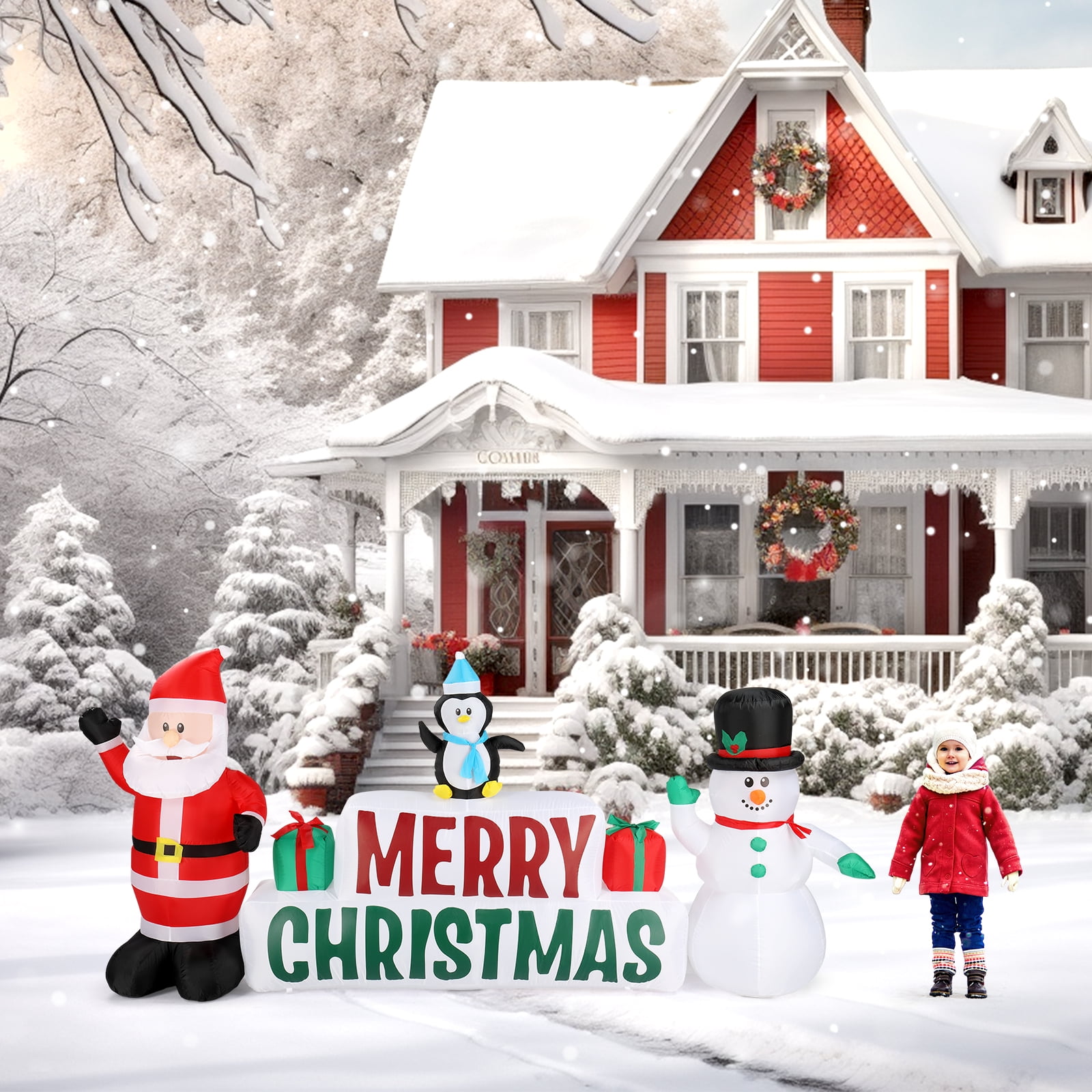 Christmas Inflatable Santa and Snowman Holding Merry Christmas Sign