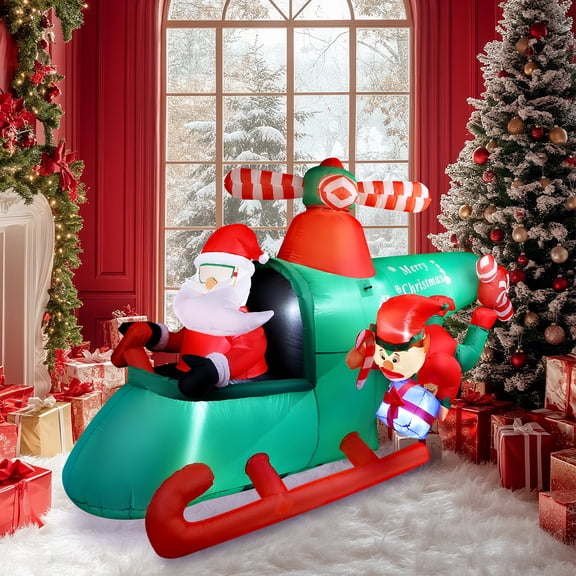 Christmas Inflatable Santa in Helicopter with Elf, Rotating Propeller, Outdoor Holiday Yard Decoration