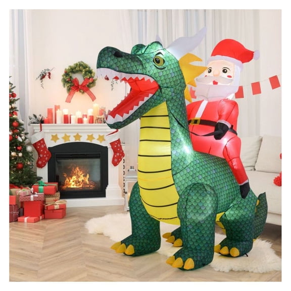 Christmas Inflatable Santa on Dinosaur, 6.7ft with LED Lights - Holiday Yard Decor