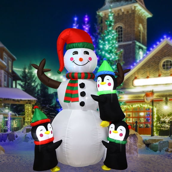 Christmas Inflatable Snowman with 3 Penguins Build-in LED Light Yard Decoration Lighted Blow Up Christmas Garden Lawn Decor 6 Feet 1.8M Tall