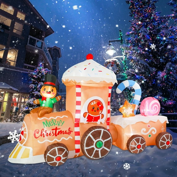 Christmas Inflatable Train-Christmas Gingerbread Man Train Decoration, "Merry Christmas", Built-in Sparkling White LED Lights, Suitable for Indoor Outdoor Garden Courtyard Lawn Christmas Decoration