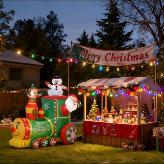 Christmas Inflatable Train with Santa Claus & Snowman, Outdoor Blow-Up Display