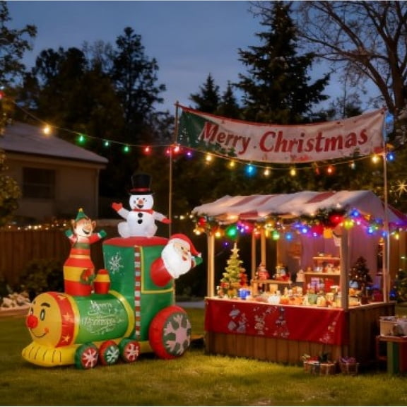 Christmas Inflatable Train with Santa/Snowman/Gingerbread Man, Blow-Up Outdoor Display with LED Lights, 70.951.270.9"