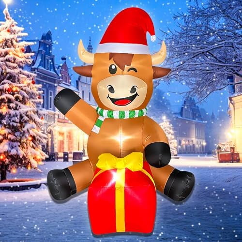 Christmas Inflatables,5 FT Highland Cow with Gift Box Built-in LEDs Christmas Inflatable Decor for Outdoor Home,Blow Up Xmas Inflatable Decoration as Gift for Holiday Party Lawn Garden Yard