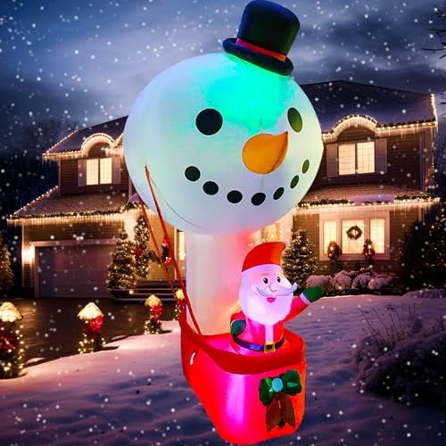 Christmas Inflatables 8FT Santa Sitting on Hot Air Balloon Snowman, Changing Lights up Christmas Decoration Lighted Blow up Yard Party Dcor Xmas Inflatable Outdoor Indoor Home Yard
