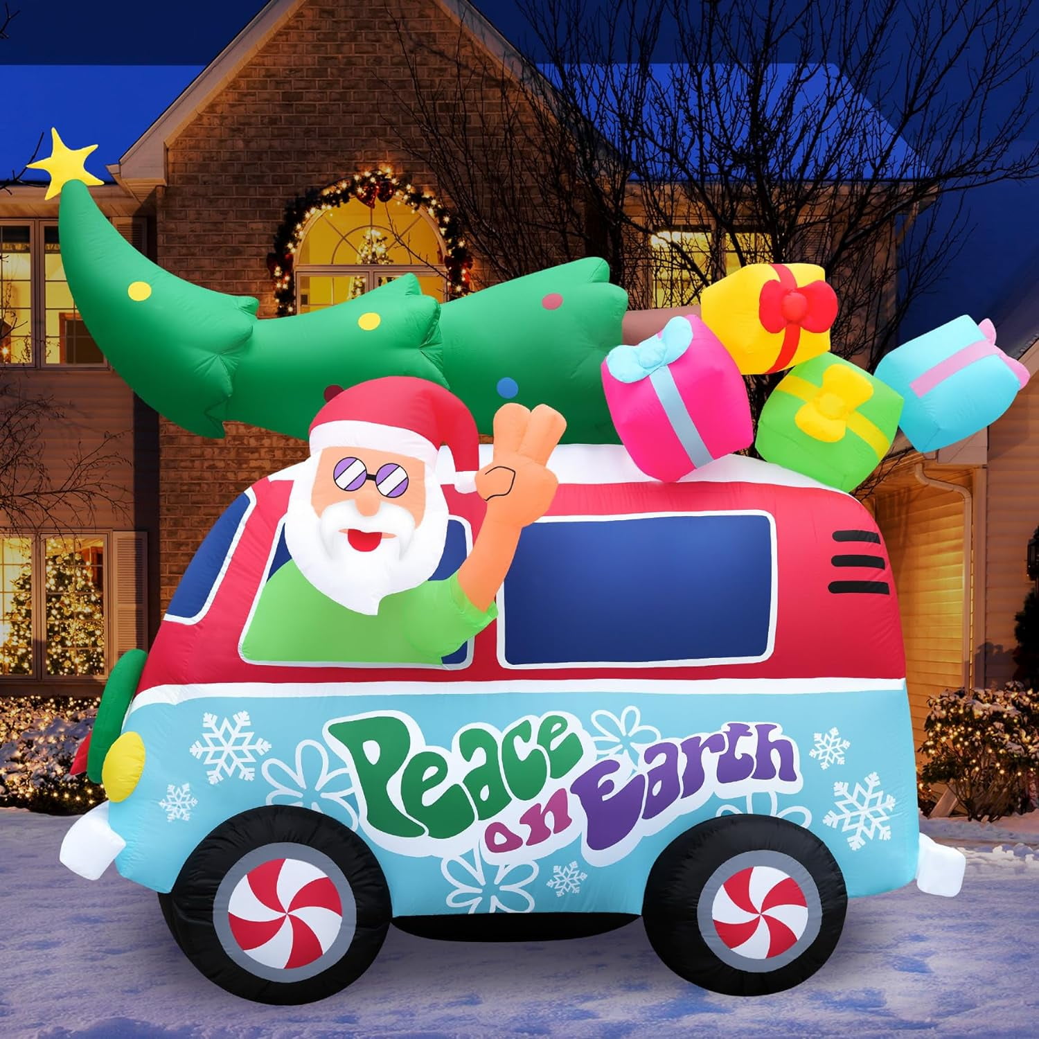 Christmas Inflatables Large 8Ft Tall Santa Hippie Van Inflatable