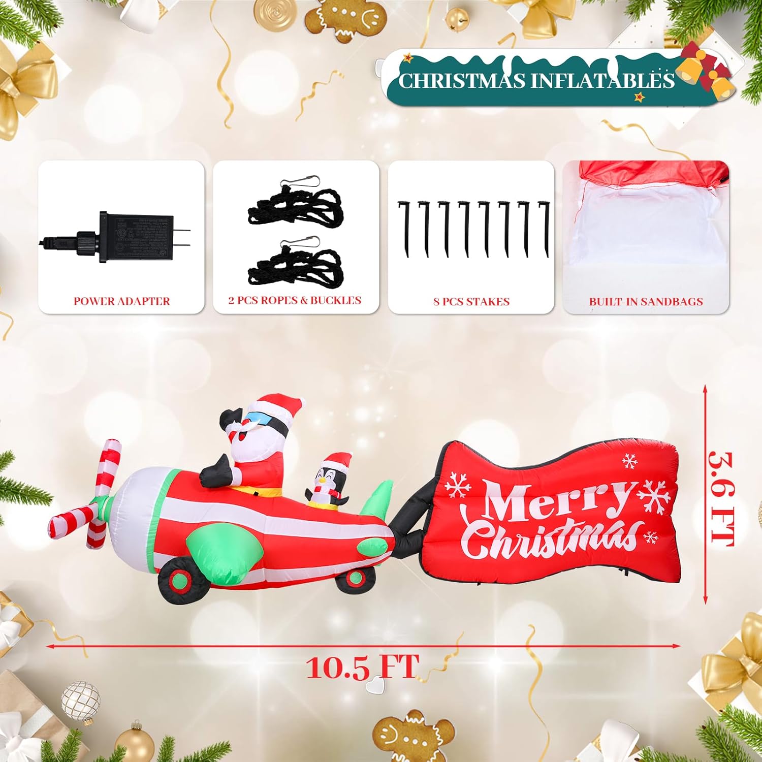 Christmas Inflatables Outdoor Decorations, 10.5FT Blow Up Airplane ...
